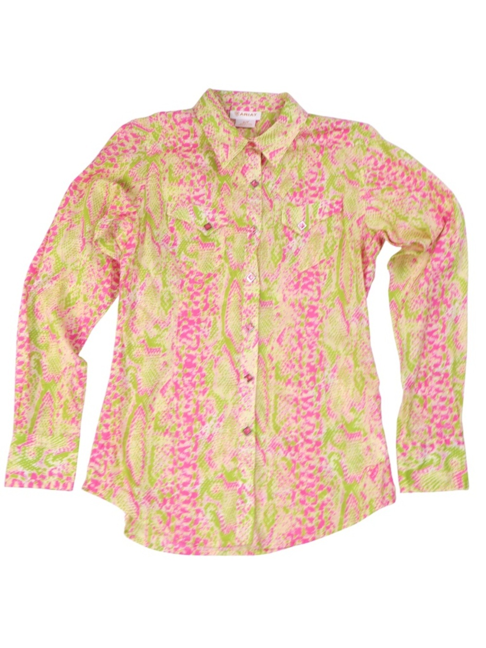 Ariat Pink Green Snakeskin Western Snap Shirt Small Cotton Rodeo